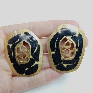Vintage Berebi Black Enamel and Gold Tone Stud Earrings Cut Out Design 80s Style